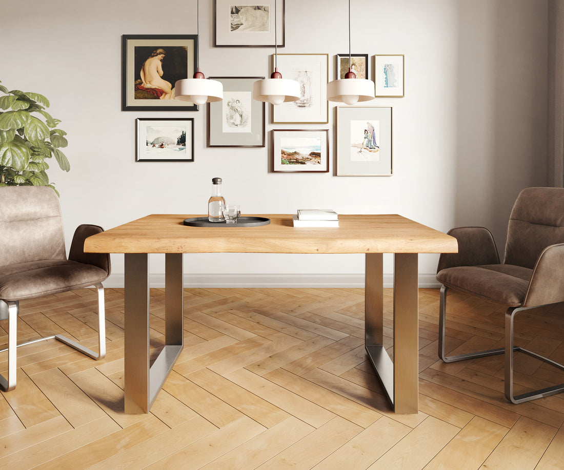 Dining Table Olympus Live Edge 140cm Acacia Wood Natural Square Frame Slim Steel 55mm Top