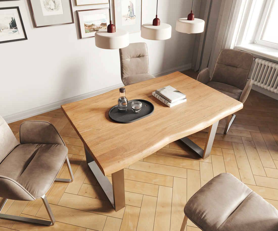 Dining Table Olympus Live Edge 140cm Acacia Wood Natural Square Frame Slim Steel 55mm Top