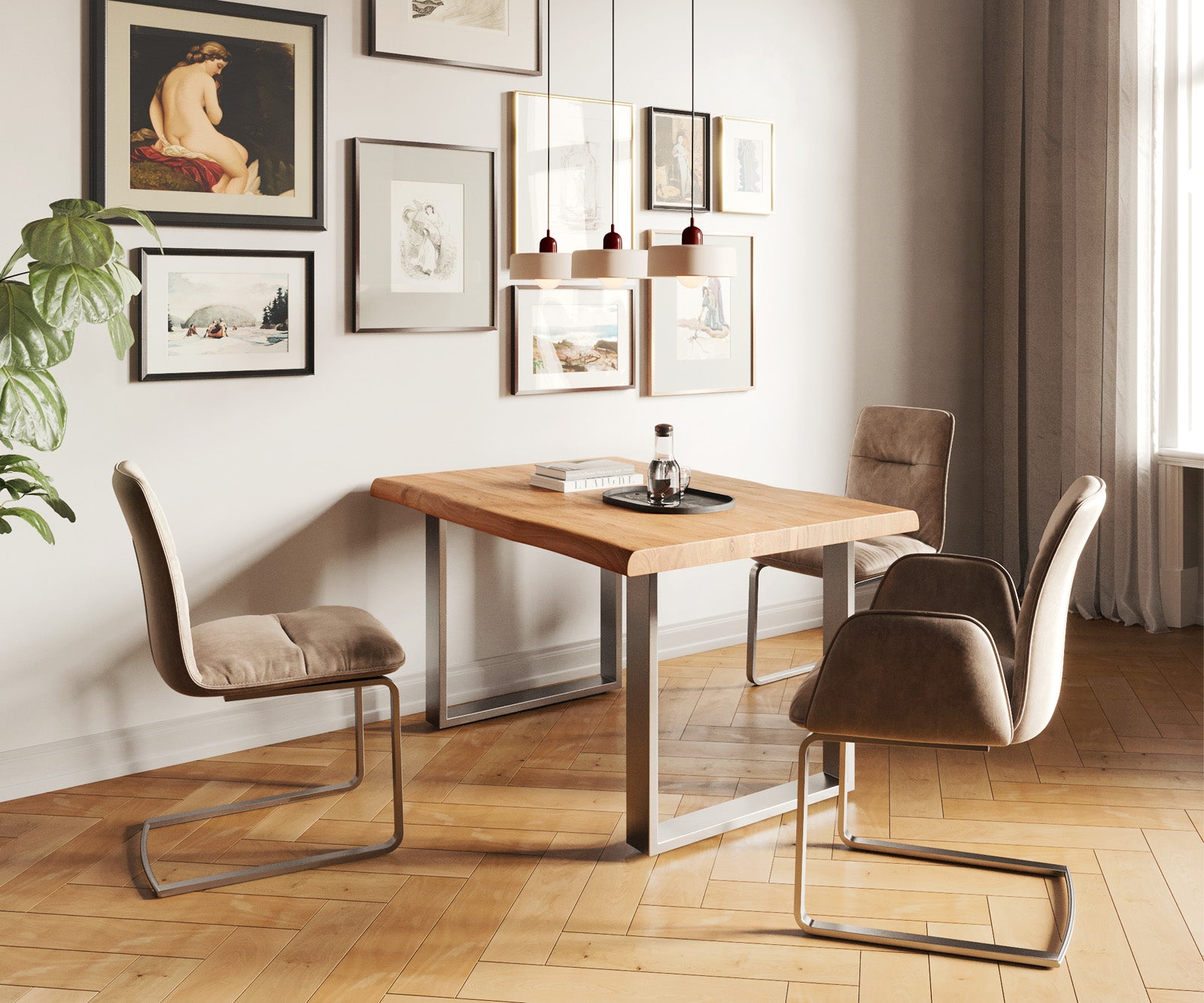 Dining Table Olympus Live Edge 140cm Acacia Wood Natural Square Frame Slim Steel 55mm Top
