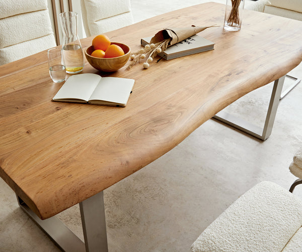 Dining Table Olympus Live Edge 200cm Acacia Wood Natural Square Frame Slim Steel 55mm Top
