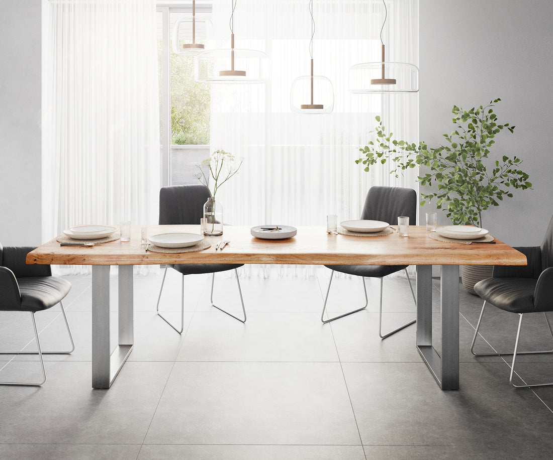 Dining Table Olympus Live Edge 260cm Acacia Wood Natural Square Frame Slim Steel 55mm Top