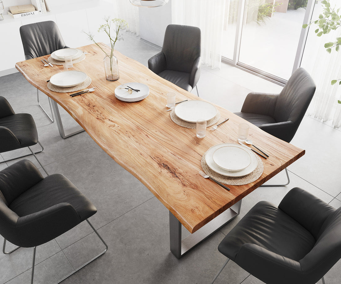 Dining Table Olympus Live Edge 260cm Acacia Wood Natural Square Frame Slim Steel 55mm Top