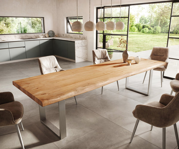 Dining Table Olympus Live Edge 300cm Acacia Wood Natural Square Frame Slim Steel 55mm Top