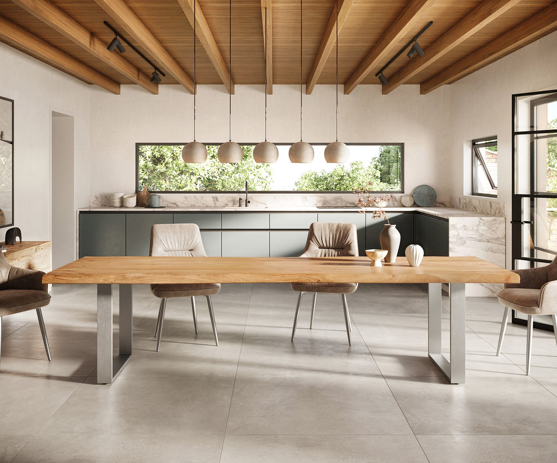 Dining Table Olympus Live Edge 300cm Acacia Wood Natural Square Frame Slim Steel 55mm Top