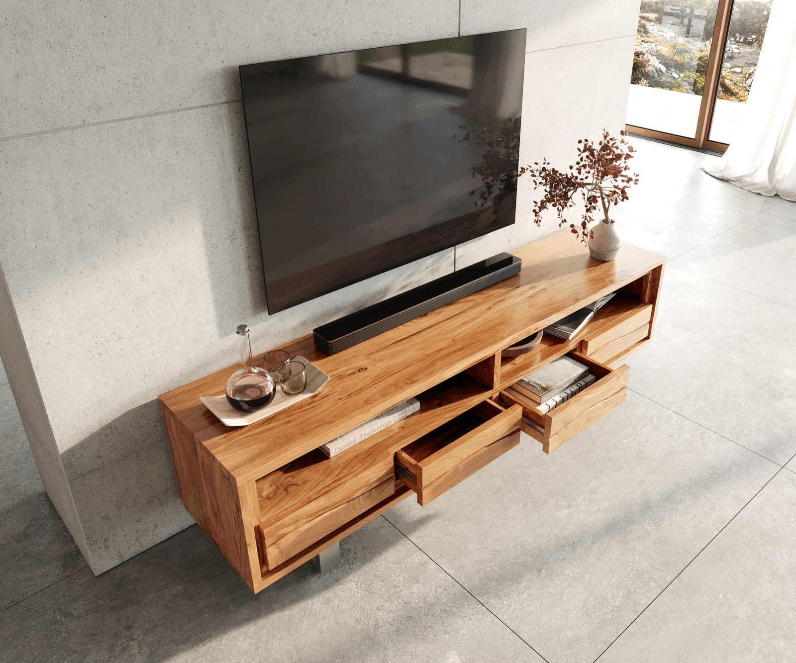 TV Stand Olympus Live-Edge 190cm Acacia Wood Natural Metal Feet