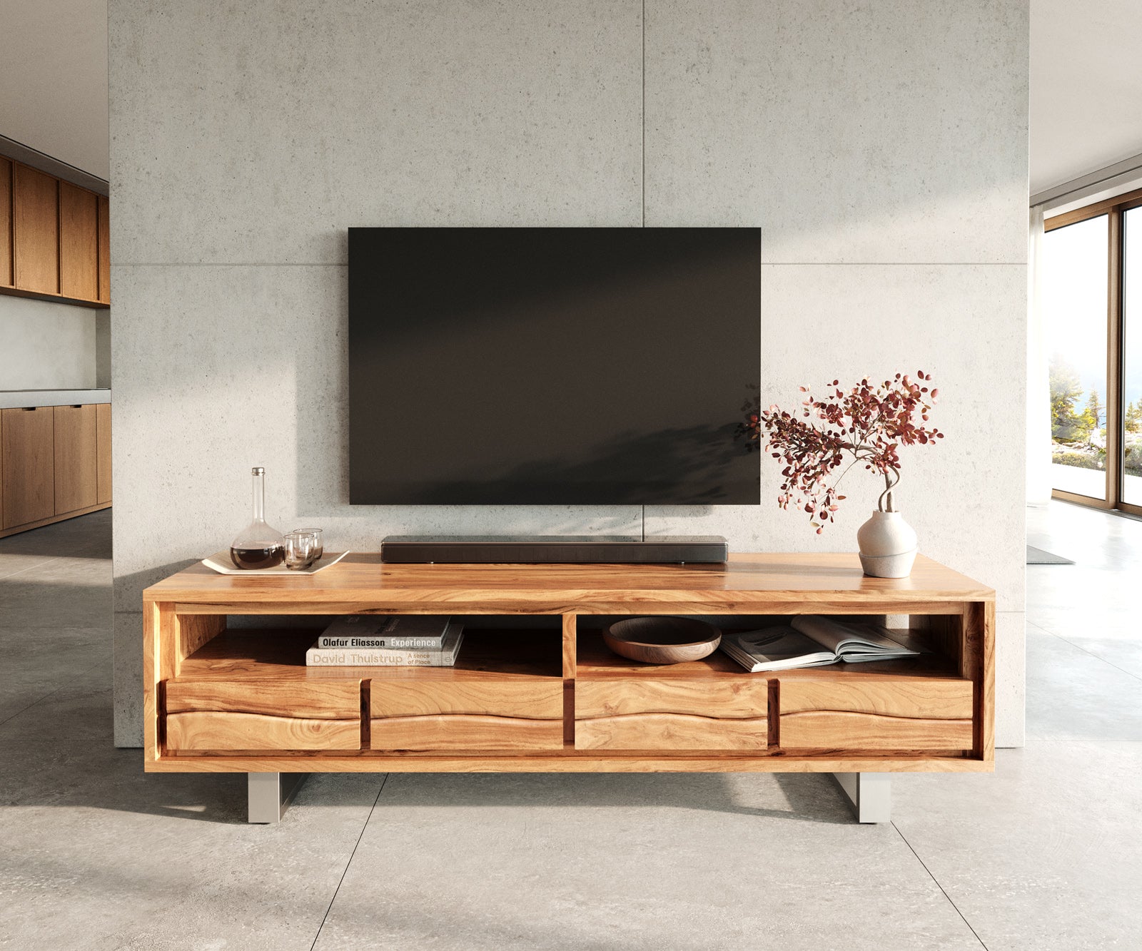 TV Stand Olympus Live-Edge 190cm Acacia Wood Natural Metal Feet