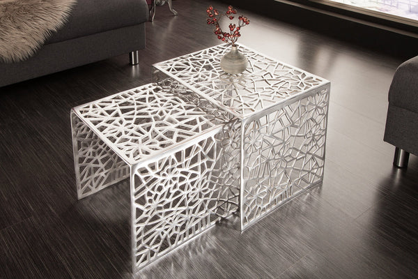 Set Of 2 Nesting Coffee Tables Abstract 39cm/49cm Metal Silver