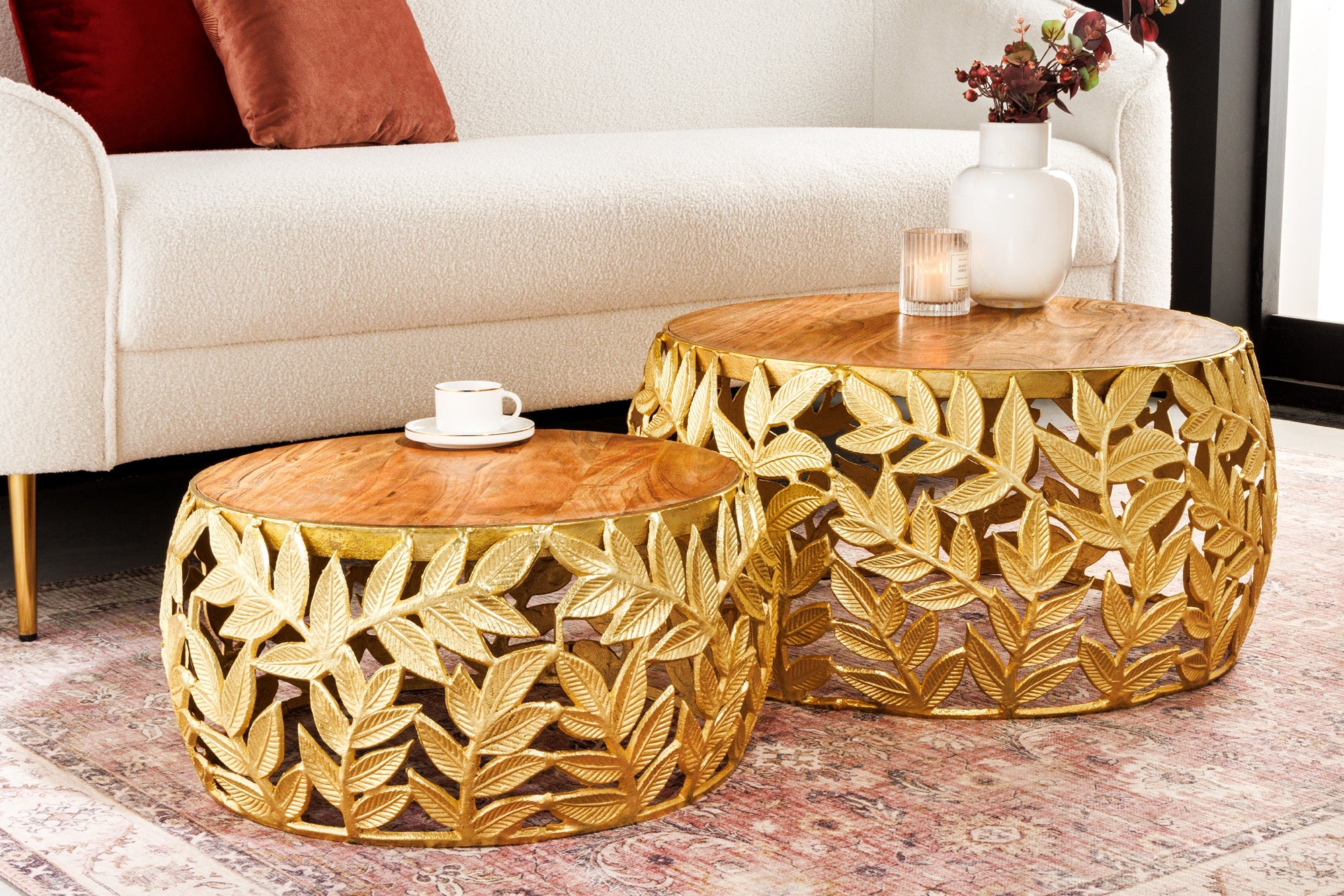 Set Of 2 Round Nesting Coffee Tables Abstract Leaf 54cm/68cm Metal Gold