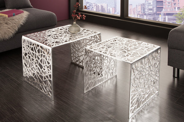 Set Of 2 Nesting Coffee Tables Abstract 39cm/49cm Metal Silver