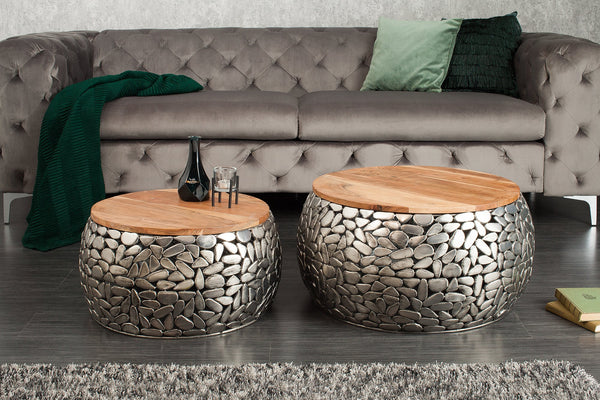 Set Of 2 Round Nesting Coffee Tables Stone Mosaic 55cm/65cm Metal Silver