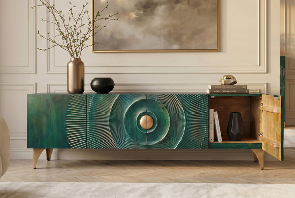 TV Stand Golden Eye 180cm Mango Wood Turquoise Gold