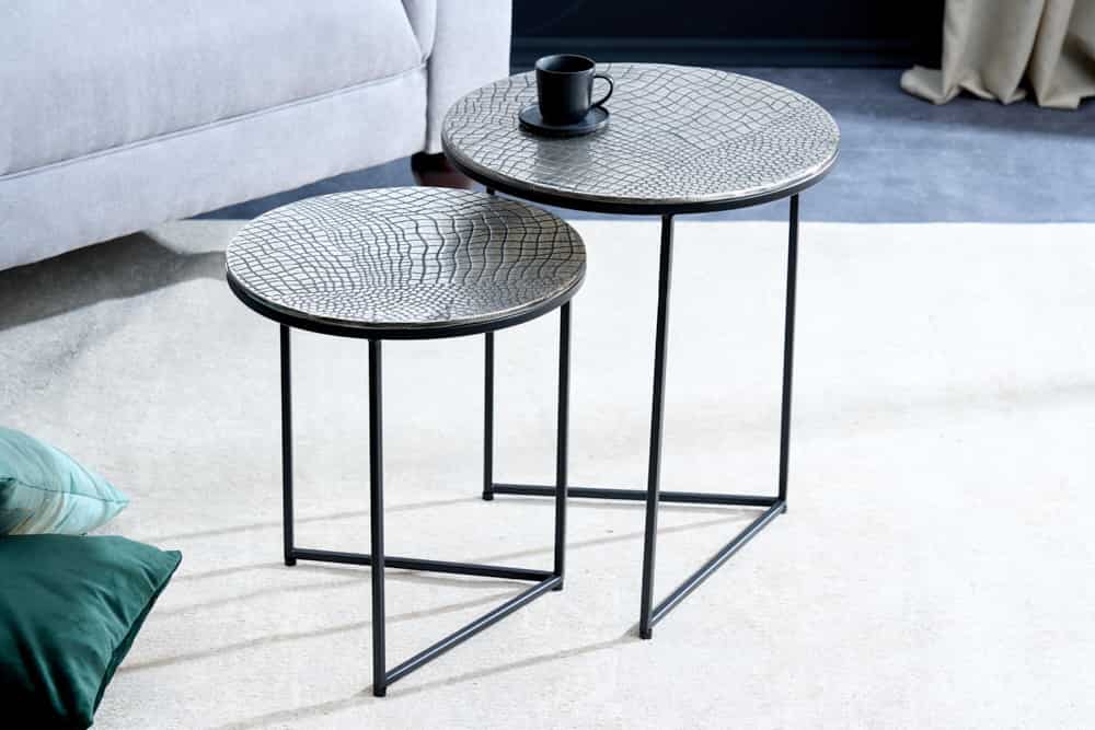 Set Of 2 Round Nesting Coffee Tables Croco 35cm/40cm Metal Silver