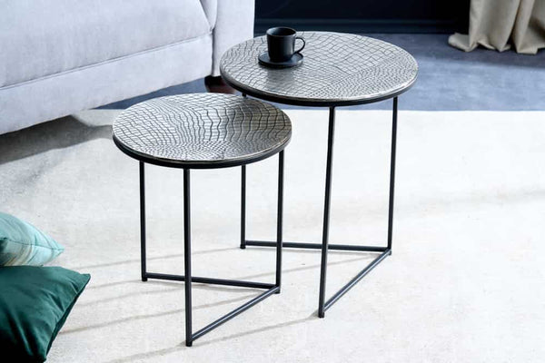 Set Of 2 Round Nesting Coffee Tables Croco 35cm/40cm Metal Silver