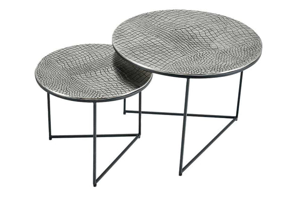 Set Of 2 Round Nesting Coffee Tables Croco 45cm/60cm Metal Silver
