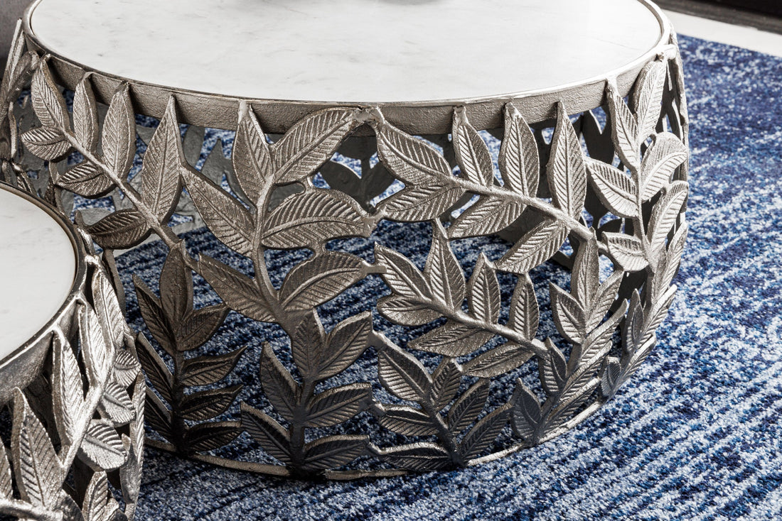 Set Of Two Round Nesting Coffee Tables Abstract Leaf 54cm/68cm Metal Silver Marble White