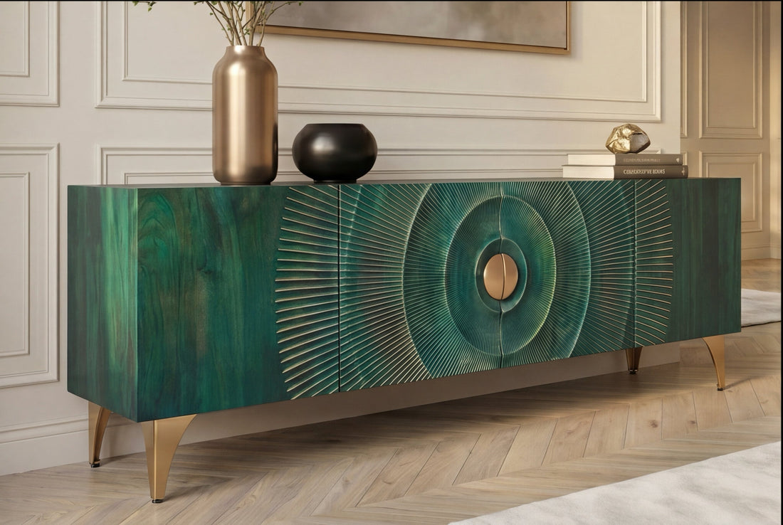 TV Stand Golden Eye 180cm Mango Wood Turquoise Gold