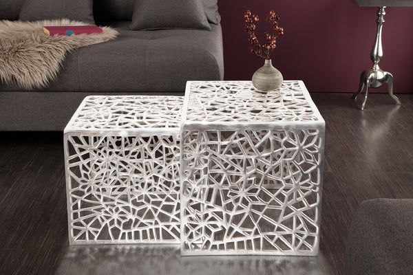 Set Of 2 Nesting Coffee Tables Abstract 39cm/49cm Metal Silver