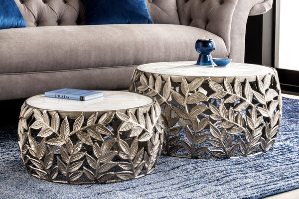 Set Of 2 Round Nesting Coffee Tables Abstract Leaf 54cm/68cm Metal Silver Marble White