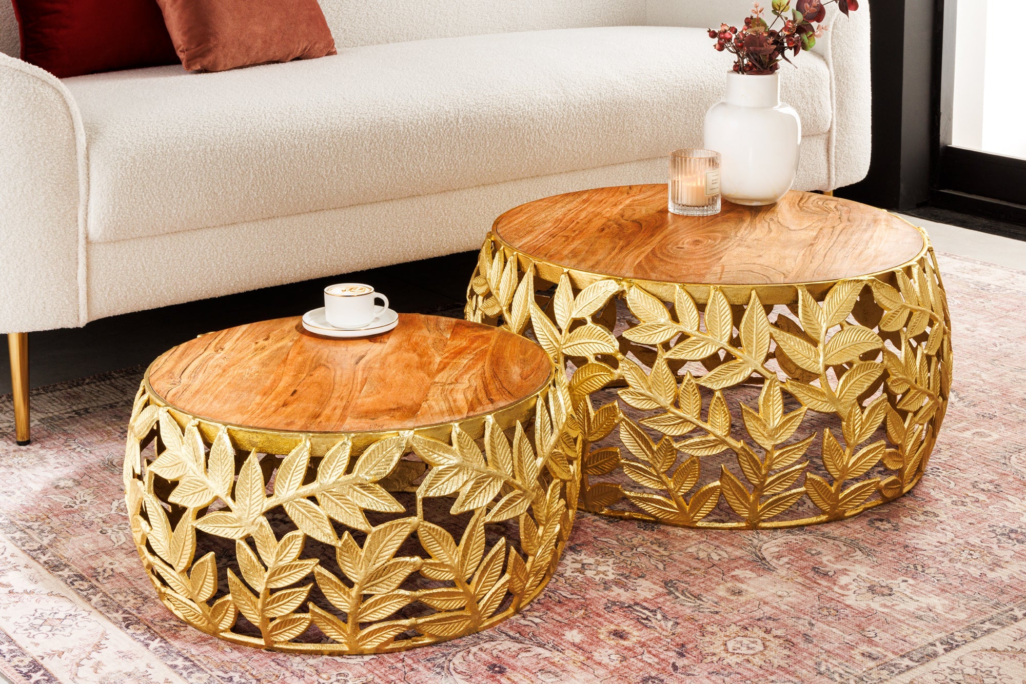 Set Of 2 Round Nesting Coffee Tables Abstract Leaf 54cm/68cm Metal Gold