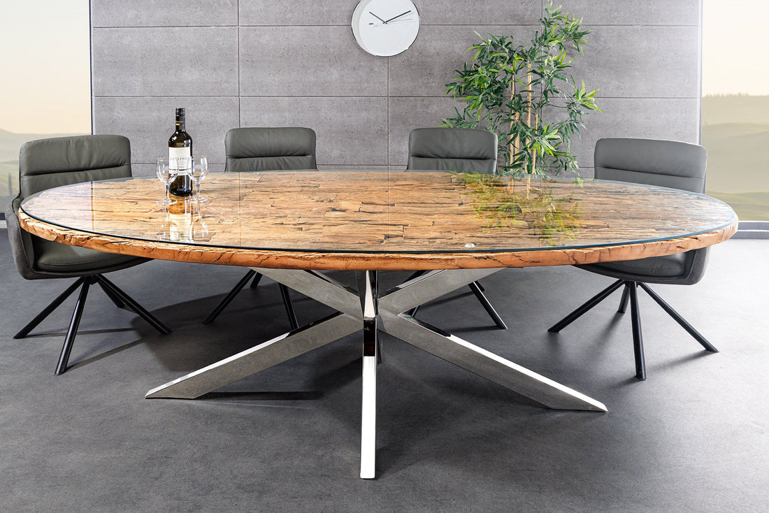 Oval Dining Table Barracuda 220cm Teak Wood Brown Cross Frame With Glass Top