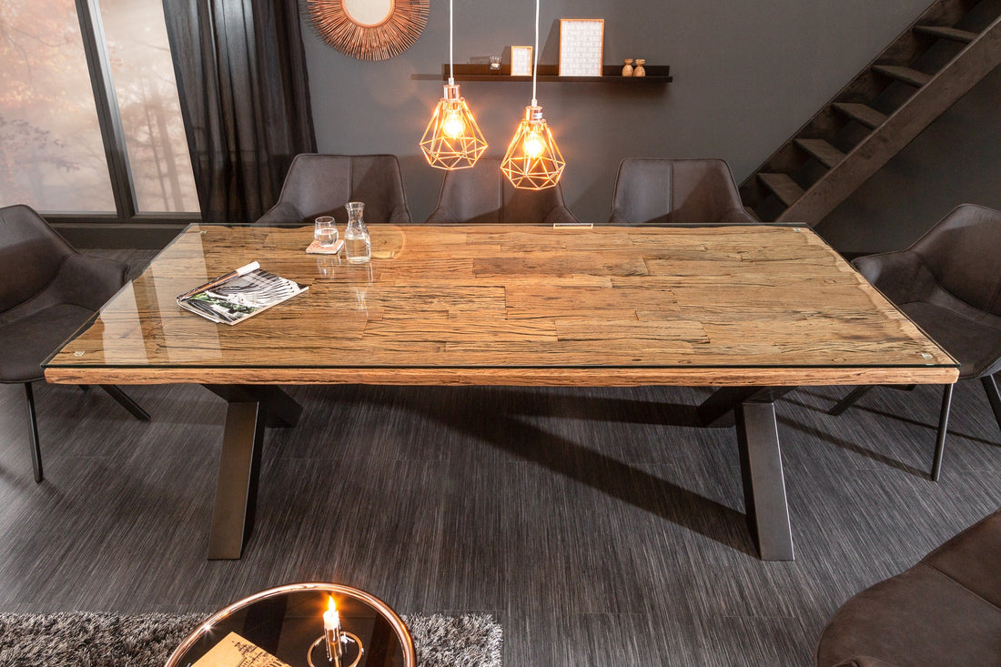 Dining Table Barracuda 220cm Recycled Teak Wood Brown X-Frame With Glass Top