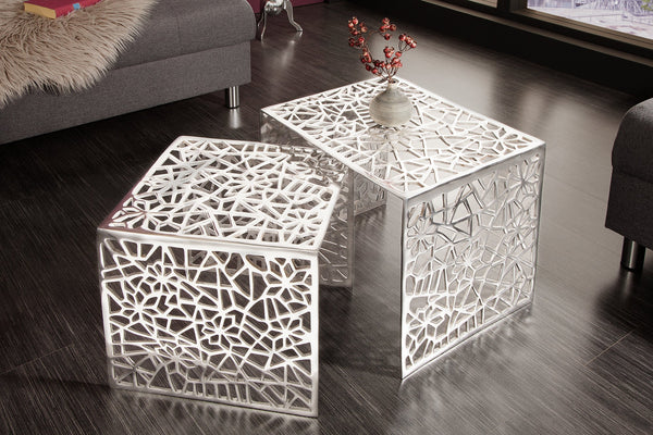 Set Of 2 Nesting Coffee Tables Abstract 39cm/49cm Metal Silver