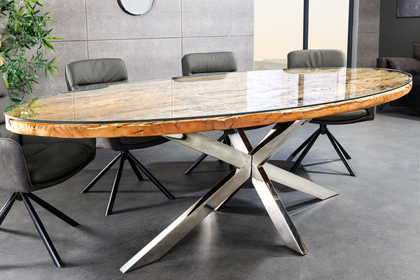 Oval Dining Table Barracuda 220cm Teak Wood Brown Cross Frame With Glass Top