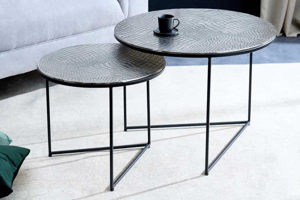 Set Of 2 Round Nesting Coffee Tables Croco 45cm/60cm Metal Silver