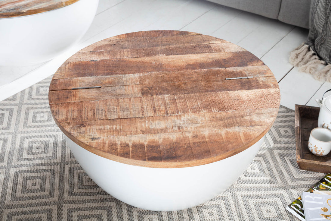 Round Coffee Table Industrial Storage 70cm Mango Wood White