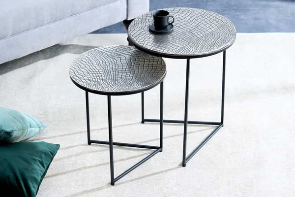 Set Of 2 Round Nesting Coffee Tables Croco 35cm/40cm Metal Silver