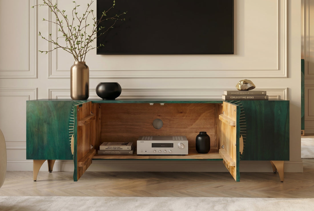 TV Stand Golden Eye 180cm Mango Wood Turquoise Gold