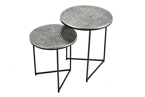 Set Of 2 Round Nesting Coffee Tables Croco 35cm/40cm Metal Silver