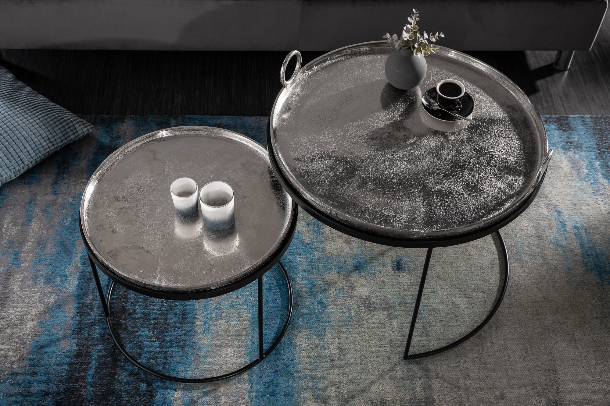 Set Of 2 Round Side Tables Elements Orient 39cm/45cm Metal Silver