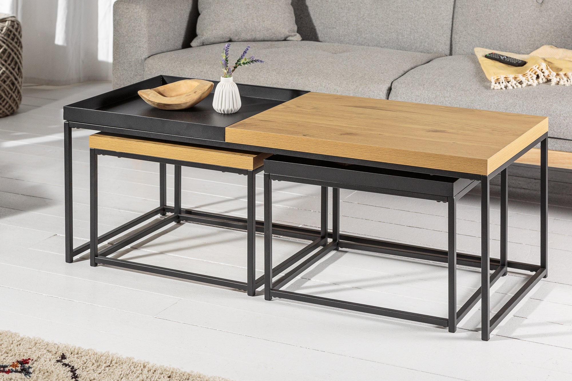 Set Of 3 Nesting Coffee Tables Loft 50cm/50cm/120cm Oak Look