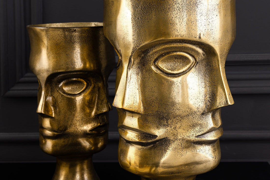 Set Of 2 Vases Face 38cm Metal Antique Brass Look