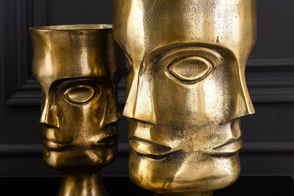 Set Of 2 Vases Face 38cm Metal Antique Brass Look