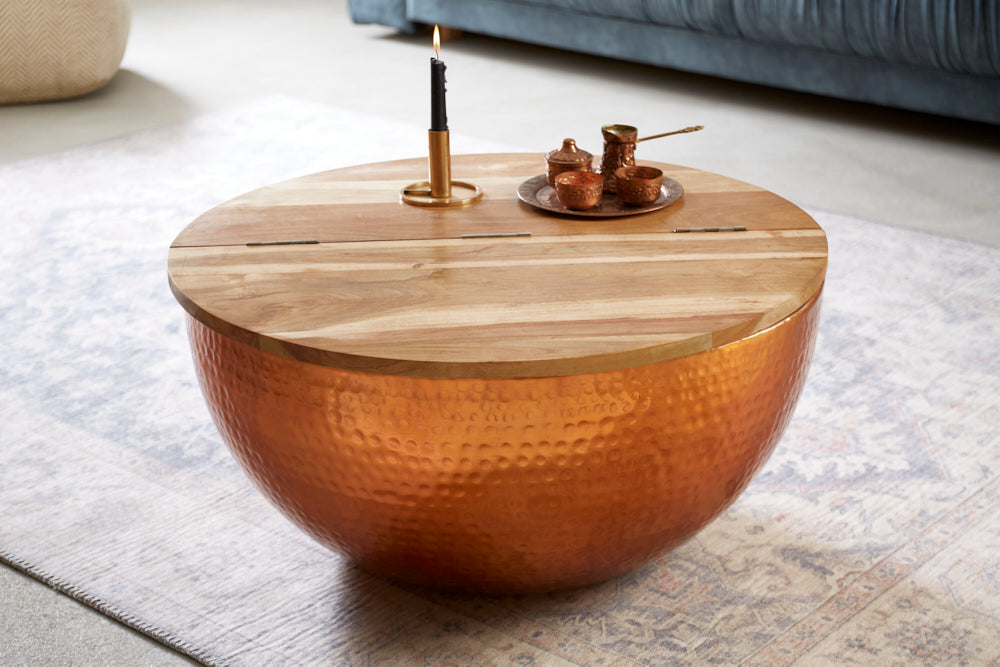 Round Coffee Table Orient Storage 60cm Mango Wood Copper