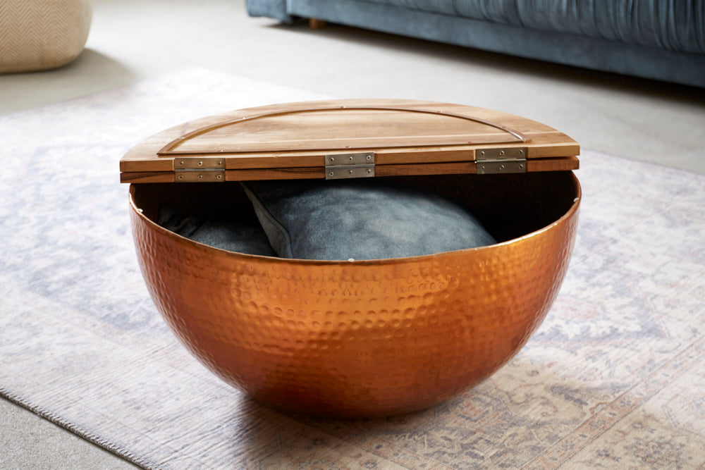 Round Coffee Table Orient Storage 60cm Mango Wood Copper
