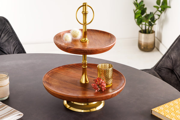 Two Tier Cake Stand Pure Nature 35cm Acacia Wood Gold