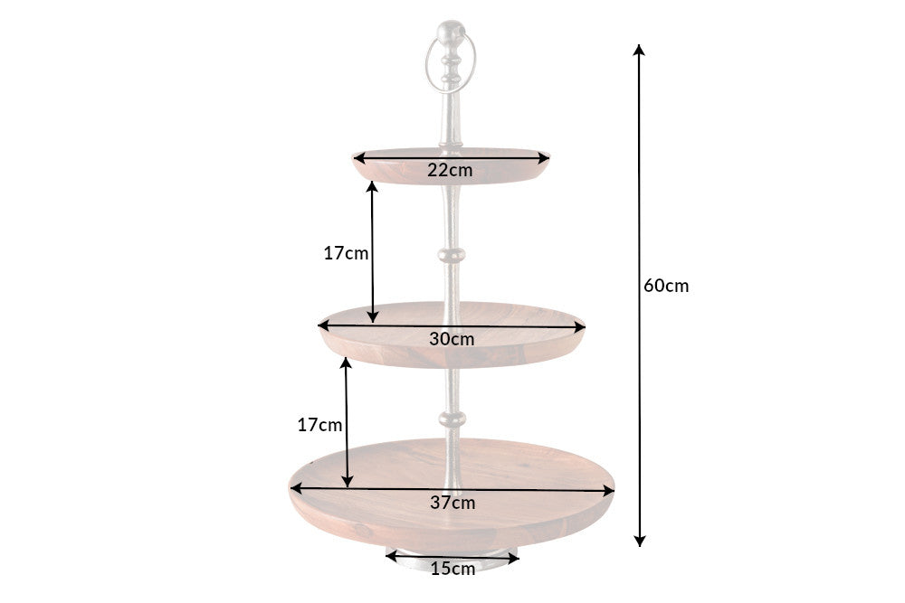 Three Tier Cake Stand Pure Nature 60cm Acacia Wood Silver