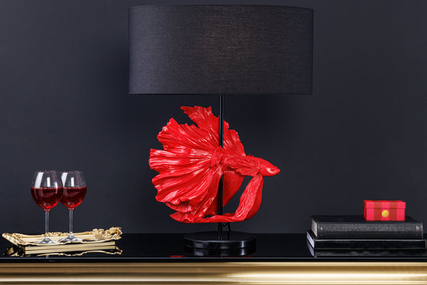 Table Lamp Crowntail 64cm Red Black Fabric Shade Marble Base