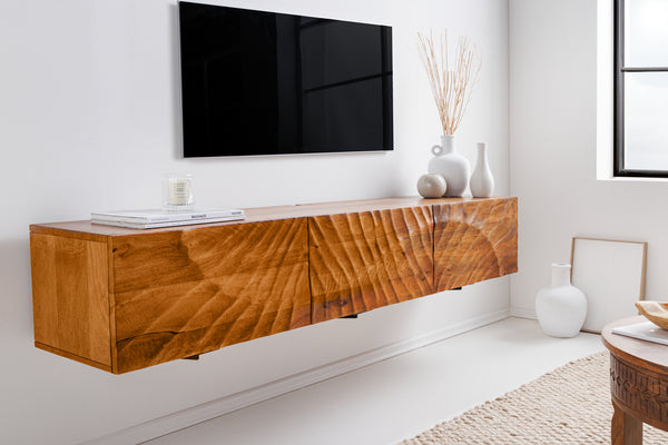 Fossil Floating TV Stand 160 cm - Brown mango wood with 3D carved design.