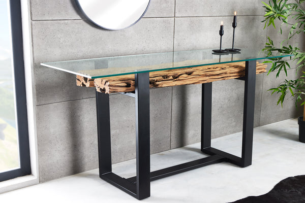 Console Table Barracuda 150cm Recycled Wood Brown Glass Top