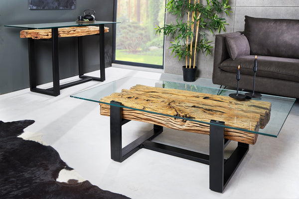 Console Table Barracuda 150cm Recycled Wood Brown Glass Top