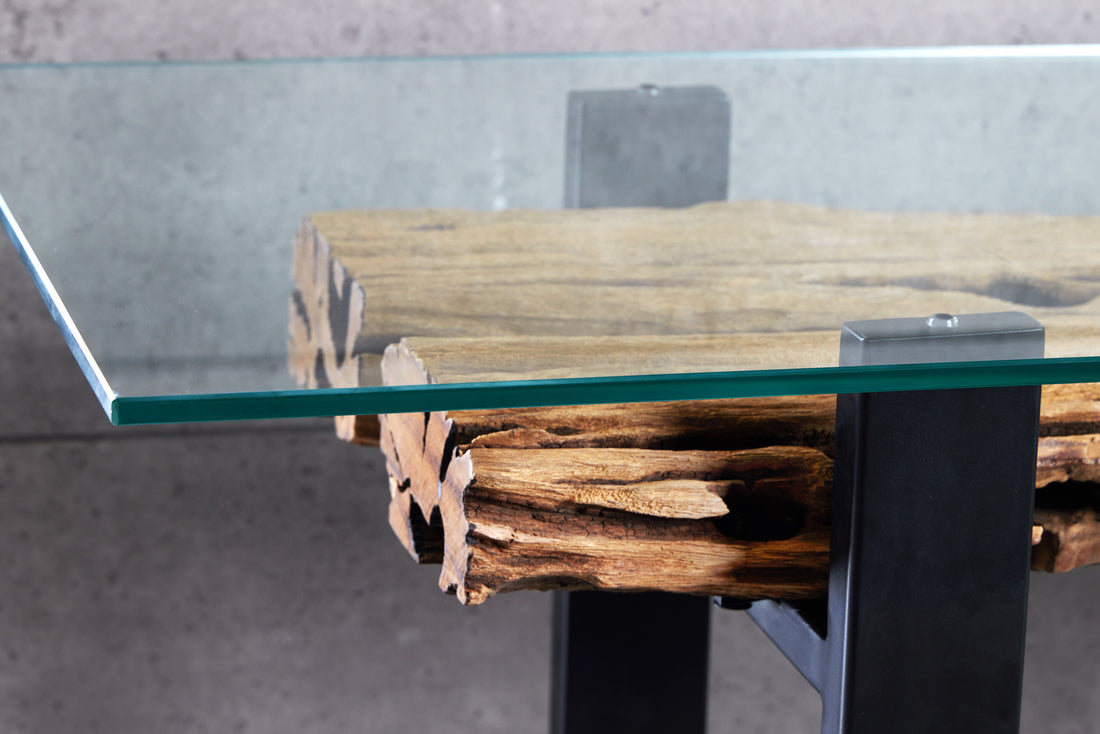 Console Table Barracuda 150cm Recycled Wood Brown Glass Top