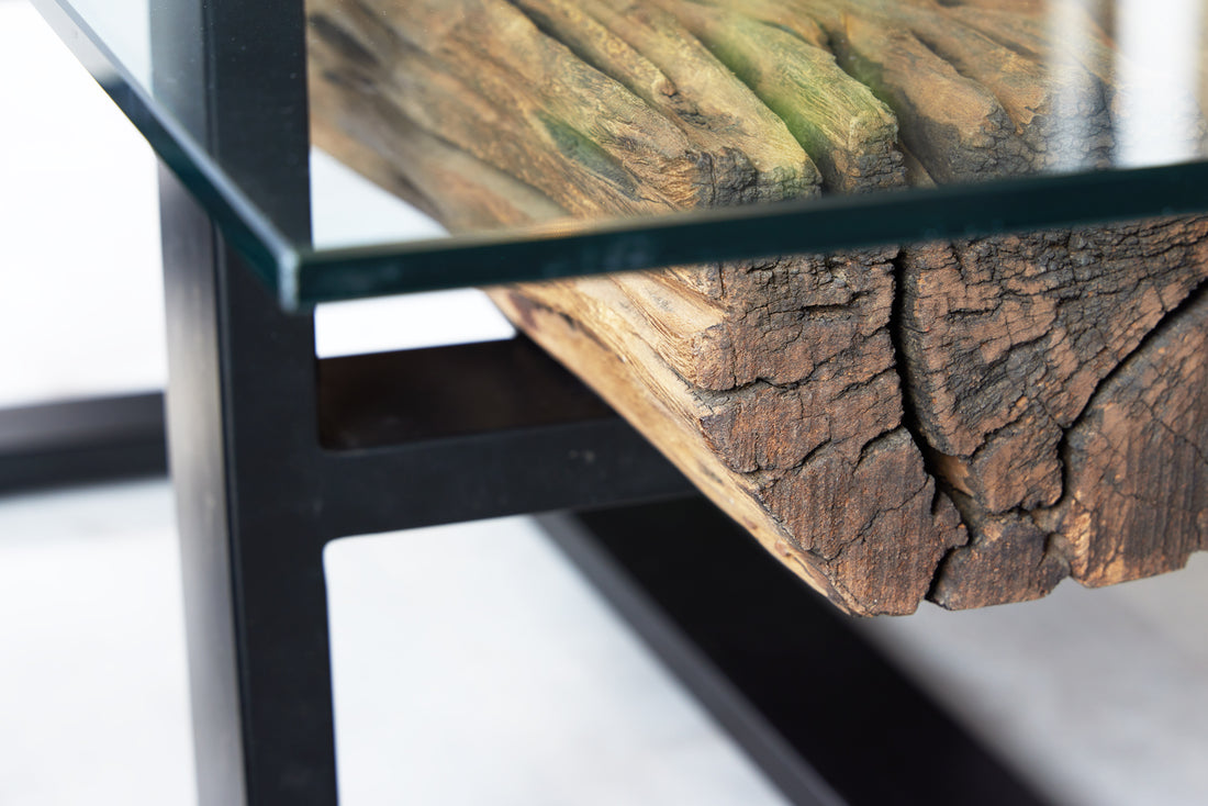 Coffee Table Barracuda 130cm Recycled Wood Brown Glass Top
