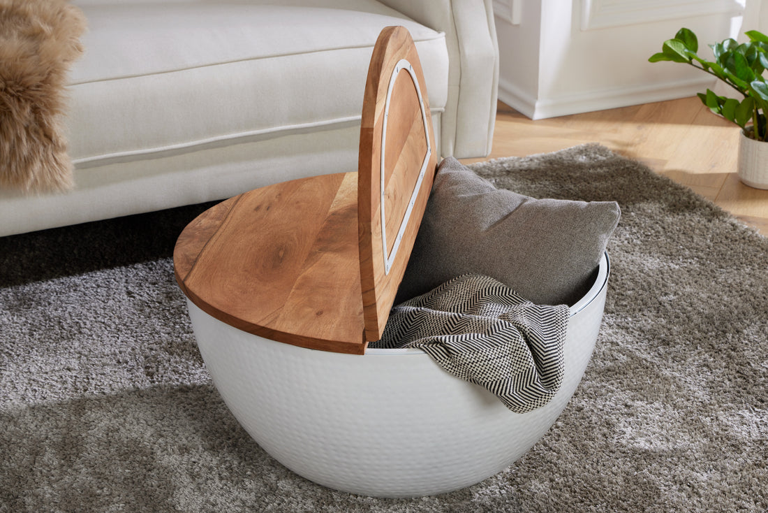 Round Coffee Table Orient Storage 60cm Acacia Wood White