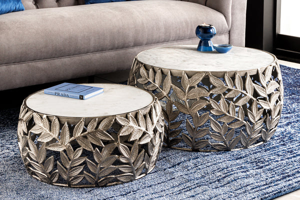 Set Of 2 Nesting Coffee Tables Abstract Leaf 68cm Metal Silver Marble White