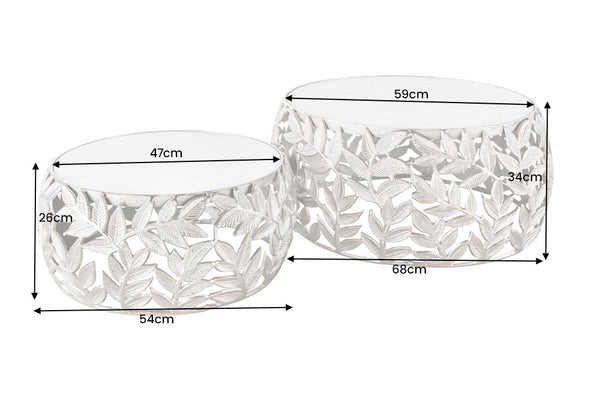 Set Of 2 Nesting Coffee Tables Abstract Leaf 54cm/68cm Metal Silver Marble White