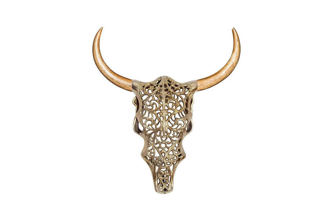 Decorative Skull Exotic Bull 57cm Metal Gold Mango Wood Natural